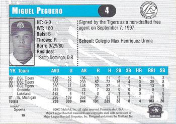 2002 MultiAd West Michigan Whitecaps #19 Miguel Peguero Back