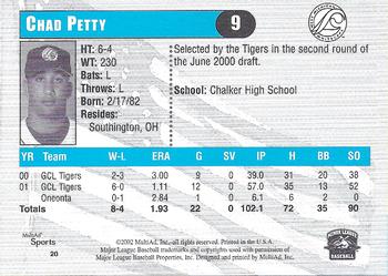 2002 MultiAd West Michigan Whitecaps #20 Chad Petty Back