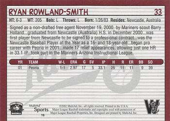 2002 MultiAd Wisconsin Timber Rattlers #19 Ryan Rowland-Smith Back