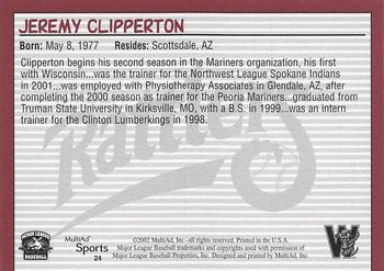 2002 MultiAd Wisconsin Timber Rattlers #24 Jeremy Clipperton Back