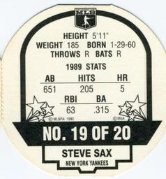 1990 Tetley Tea Discs #19 Steve Sax Back