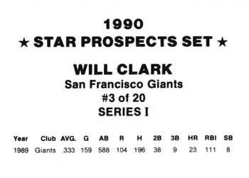 1990 Star Prospects Set Series I (unlicensed) #3 Will Clark Back