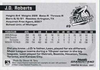 2007 Grandstand Myrtle Beach Pelicans #24 J.D. Roberts Back