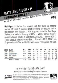 2014 Choice Durham Bulls #16 Matt Andriese Back