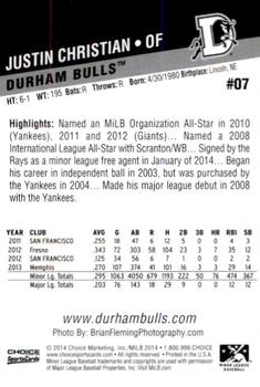 2014 Choice Durham Bulls #7 Justin Christian Back