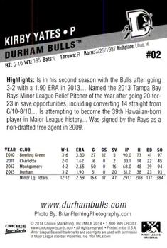 2014 Choice Durham Bulls #2 Kirby Yates Back