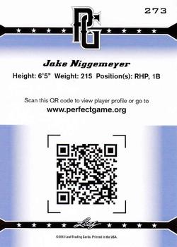 2013 Leaf Perfect Game #273 Jake Niggemeyer Back