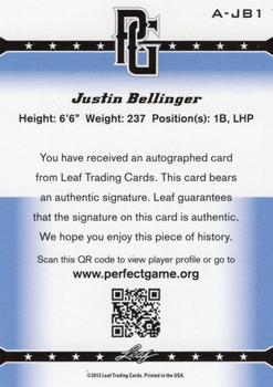 2013 Leaf Perfect Game - Autographs #A-JB1 Justin Bellinger Back