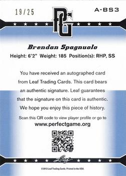 2013 Leaf Perfect Game - Autographs Blue #A-BS3 Brendan Spagnuolo Back