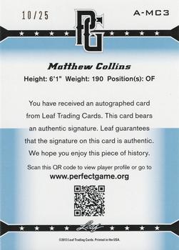 2013 Leaf Perfect Game - Autographs Blue #A-MC3 Matthew Collins Back
