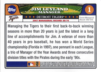 2008 Topps Gift Sets Detroit Tigers #1 Jim Leyland Back