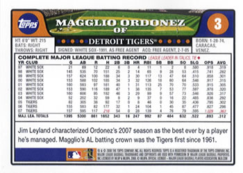2008 Topps Gift Sets Detroit Tigers #3 Magglio Ordonez Back