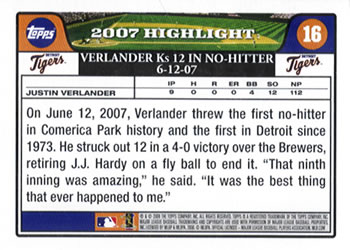 2008 Topps Gift Sets Detroit Tigers #16 Justin Verlander (No-Hitter) Back