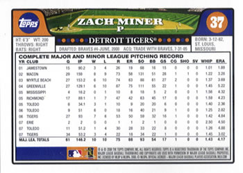2008 Topps Gift Sets Detroit Tigers #37 Zach Miner Back