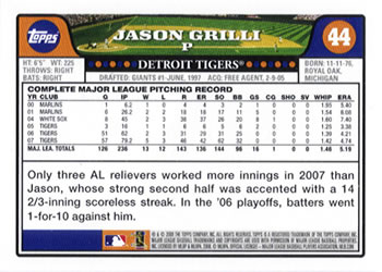 2008 Topps Gift Sets Detroit Tigers #44 Jason Grilli Back
