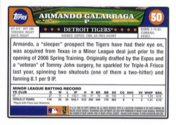2008 Topps Gift Sets Detroit Tigers #50 Armando Galarraga Back