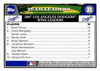 2008 Topps Gift Sets Los Angeles Dodgers #31 Brad Penny / Chad Billingsley / Derek Lowe Back