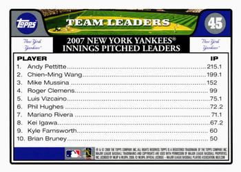 2008 Topps Gift Sets New York Yankees #45 Andy Pettitte / Chien-Ming Wang / Mike Mussina Back