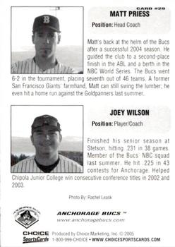 2005 Choice Anchorage Bucs #29 Matt Priess / Joey Wilson Back