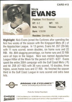 2005 Choice Brooklyn Cyclones #13 Nick Evans Back