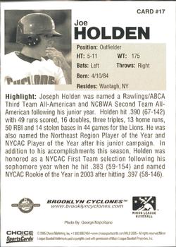 2005 Choice Brooklyn Cyclones #17 Joe Holden Back