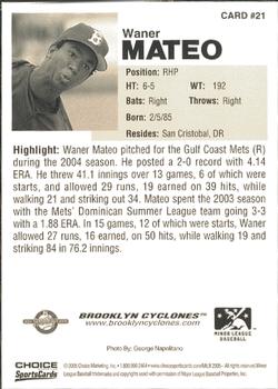 2005 Choice Brooklyn Cyclones #21 Waner Mateo Back