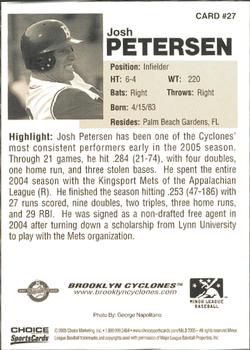 2005 Choice Brooklyn Cyclones #27 Josh Petersen Back