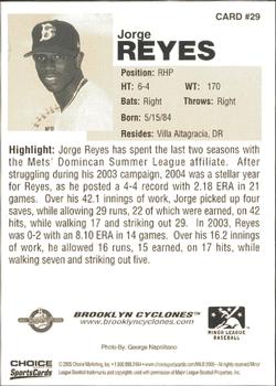2005 Choice Brooklyn Cyclones #29 Jorge Reyes Back