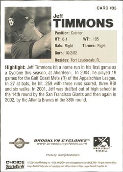 2005 Choice Brooklyn Cyclones #33 Jeff Timmons Back