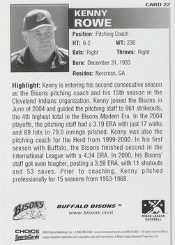 2005 Choice Buffalo Bisons #22 Kenny Rowe Back