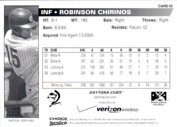 2005 Choice Daytona Cubs #03 Robinson Chirinos Back
