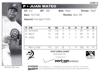 2005 Choice Daytona Cubs #12 Juan Mateo Back