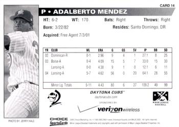 2005 Choice Daytona Cubs #14 Adalberto Mendez Back