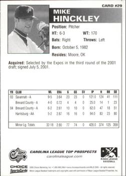 2005 Choice Carolina League Top Prospects #29 Mike Hinckley Back