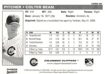 2005 Choice Columbus Clippers #02 Colter Bean Back