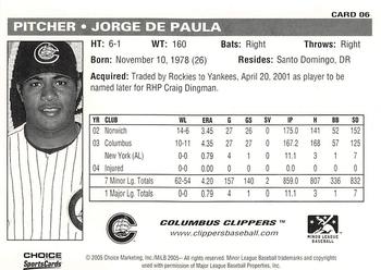 2005 Choice Columbus Clippers #06 Jorge De Paula Back