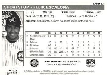 2005 Choice Columbus Clippers #07 Felix Escalona Back