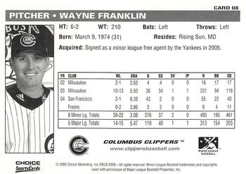 2005 Choice Columbus Clippers #08 Wayne Franklin Back