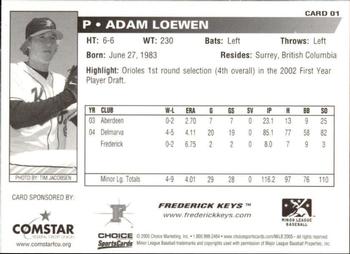2005 Choice Frederick Keys SGA #01 Adam Loewen Back