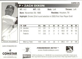 2005 Choice Frederick Keys SGA #25 Zach Dixon Back