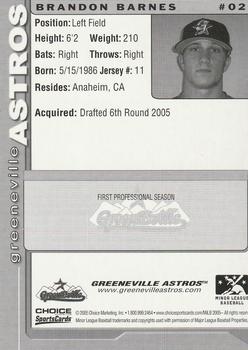2005 Choice Greeneville Astros #2 Brandon Barnes Back