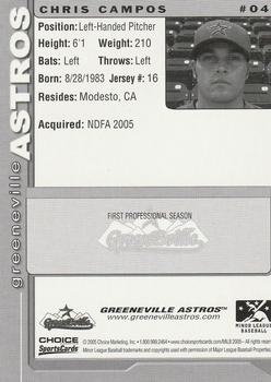 2005 Choice Greeneville Astros #4 Chris Campos Back