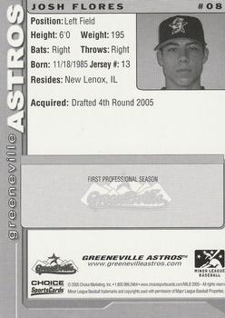 2005 Choice Greeneville Astros #8 Josh Flores Back