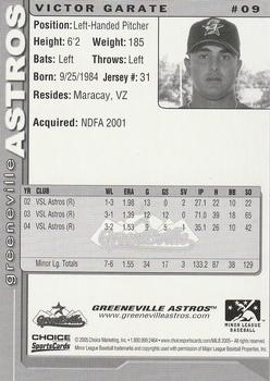 2005 Choice Greeneville Astros #9 Victor Garate Back