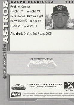 2005 Choice Greeneville Astros #14 Ralph Henriquez Back