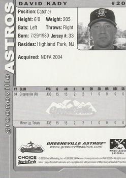 2005 Choice Greeneville Astros #20 David Kady Back