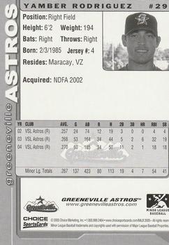 2005 Choice Greeneville Astros #29 Yamber Rodriguez Back