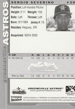 2005 Choice Greeneville Astros #30 Sergio Severino Back