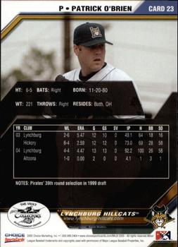 2005 Choice Lynchburg Hillcats #23 Patrick O'Brien Back