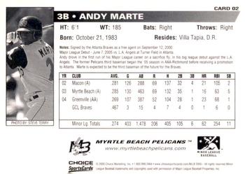 2005 Choice Myrtle Beach Pelicans #02 Andy Marte Back